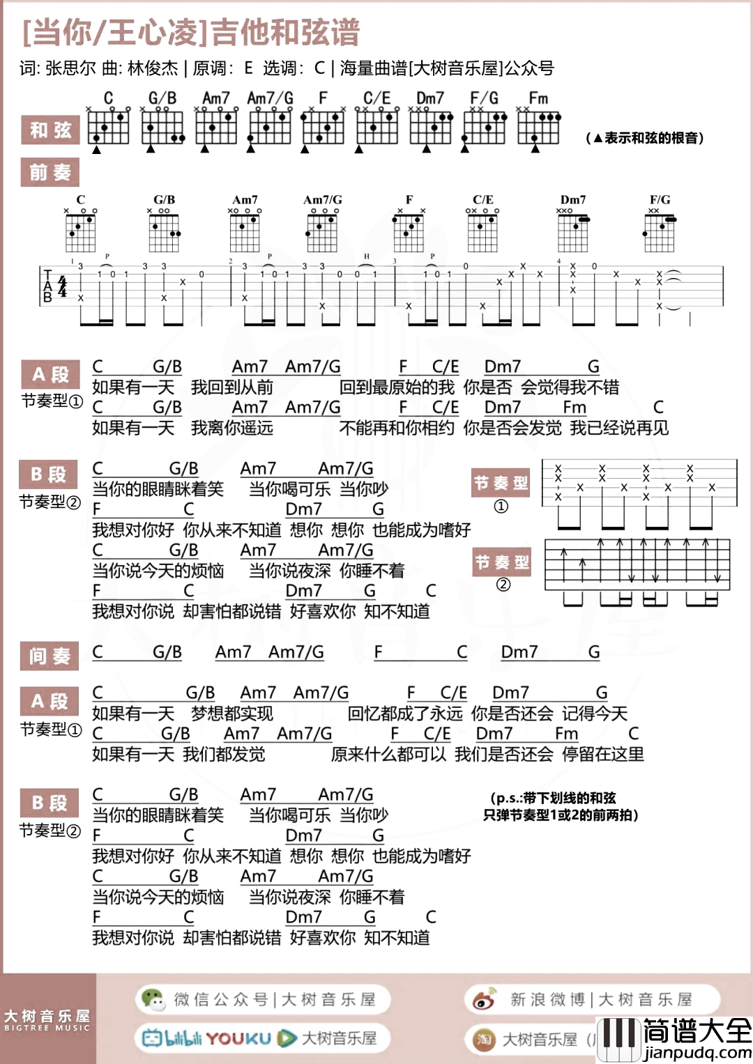 当你吉他谱_王心凌_C调超还原版_吉他演示/教学