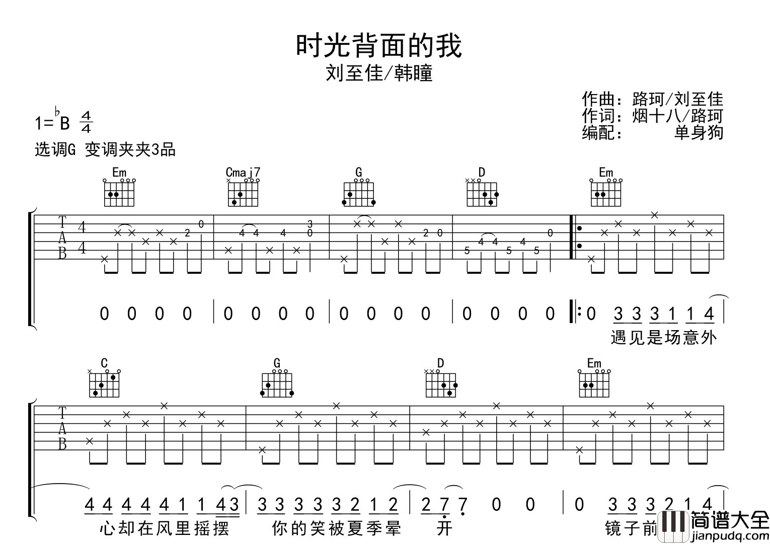 时光背面的我吉他谱_刘至佳,韩瞳_G调指法吉他弹唱谱