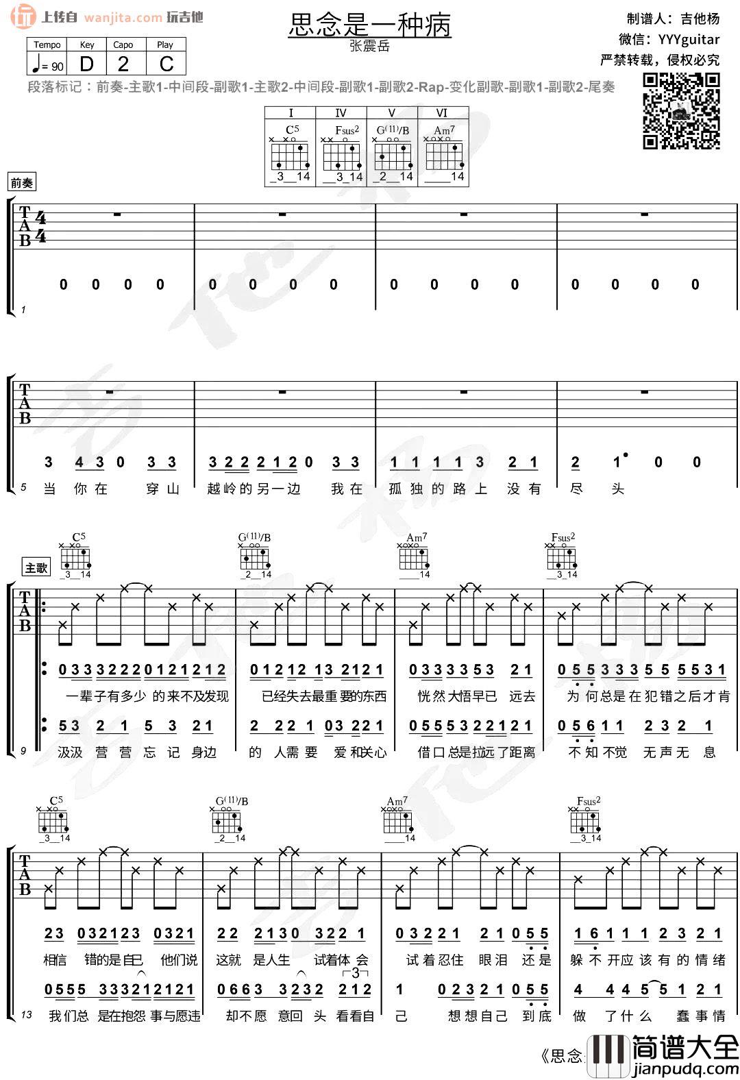 思念是一种病吉他谱_张震岳_C调六线谱_吉他弹唱演示 思念是一种病吉他谱_张震岳_C调六线谱_吉他弹唱演示