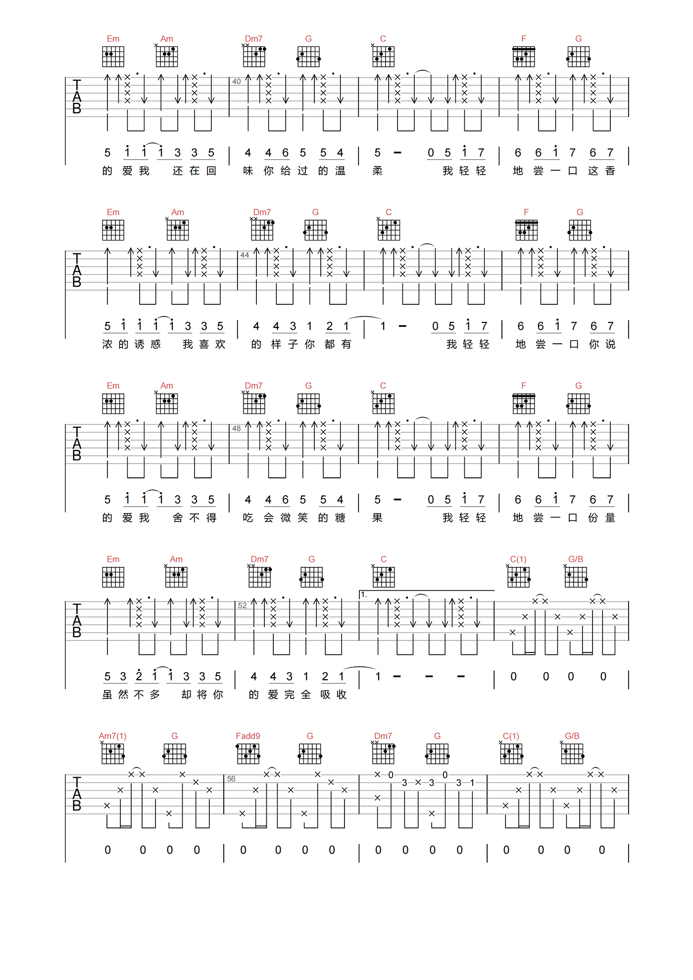 周杰伦_甜甜的_吉他谱_C调原版弹唱吉他谱