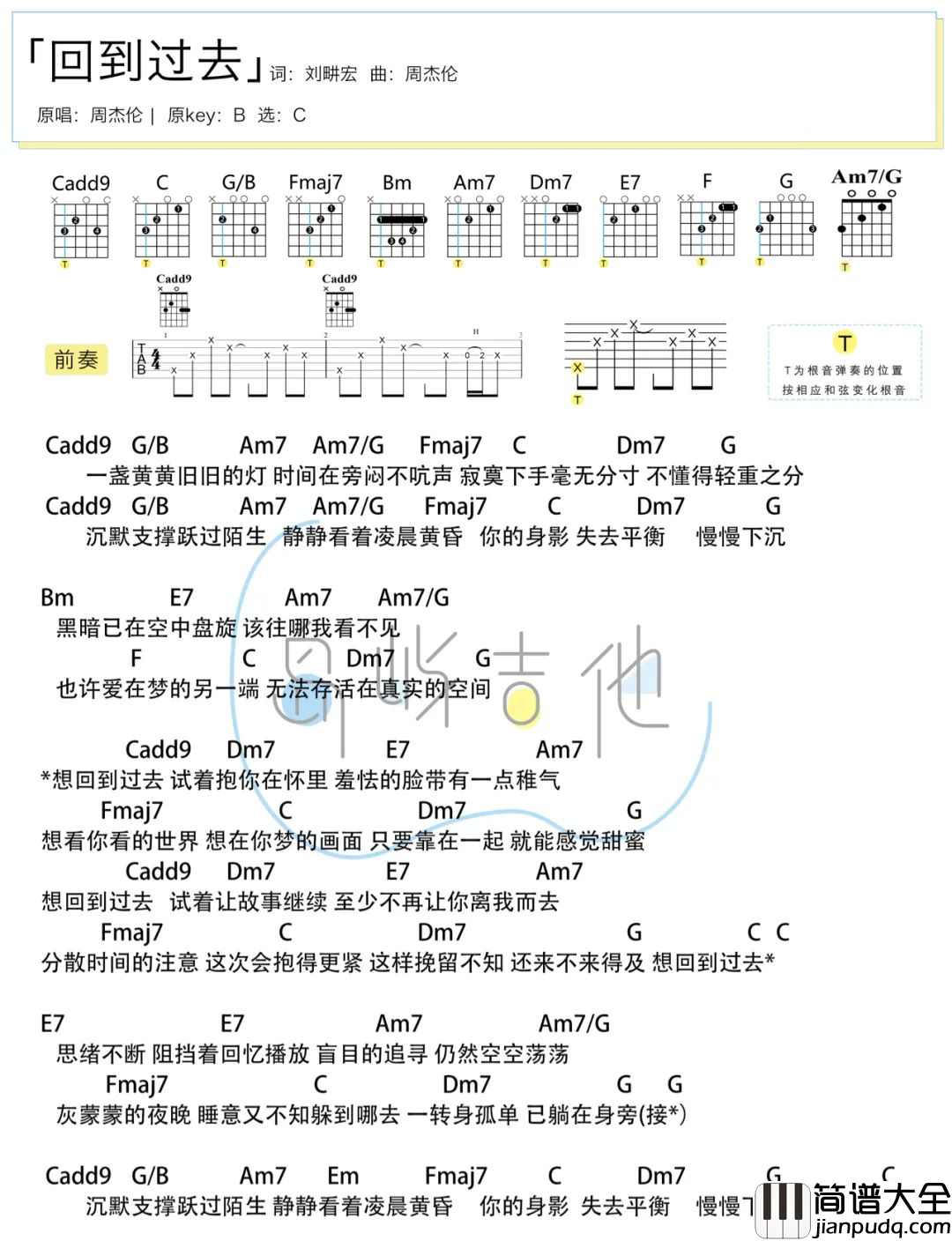 回到过去吉他谱_周杰伦_C调女生版弹唱谱_附演示教学