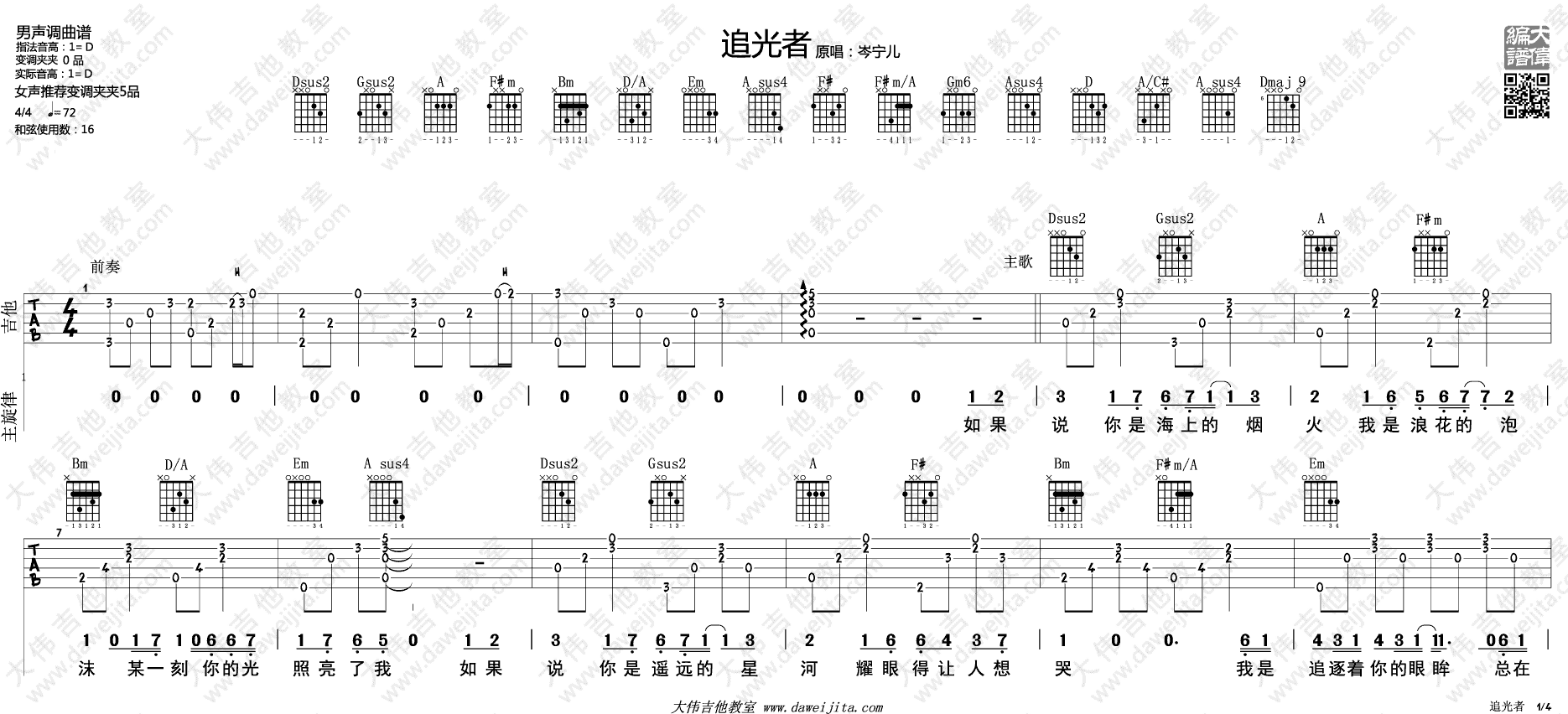 岑宁儿《追光者》吉他谱_D调六线谱【原版演示】 岑宁儿_追光者_吉他谱_D调六线谱【原版演示】