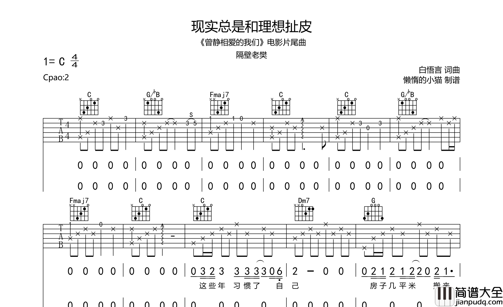 _现实总是和理想扯皮_吉他谱_隔壁老樊_C调精细版_吉他弹唱谱