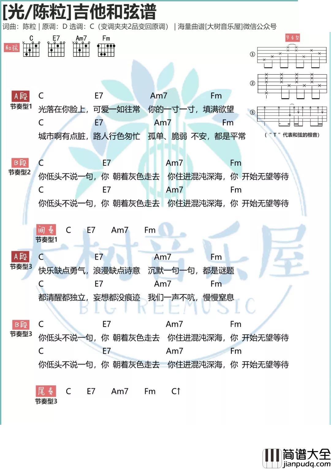 光吉他谱_C调附_大树音乐屋编配_陈粒