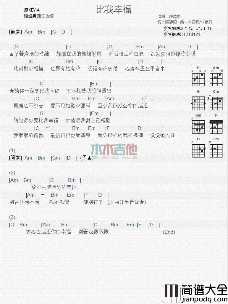 比我幸福_吉他谱_陈晓东