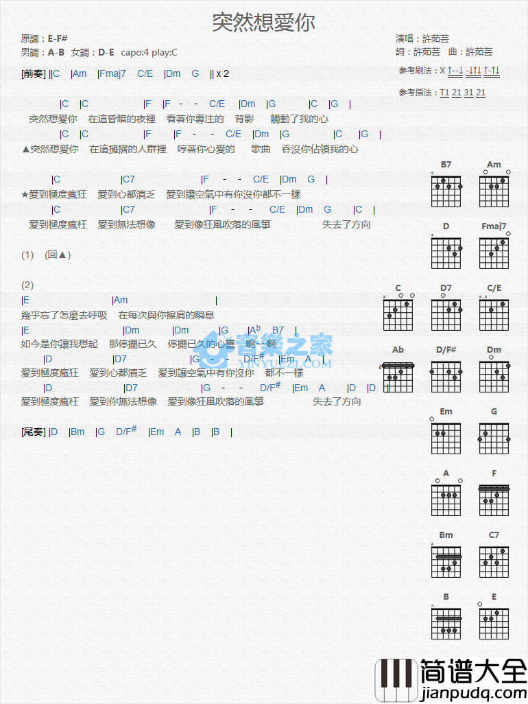 突然想爱你吉他谱_C调_音乐之家编配_许茹芸