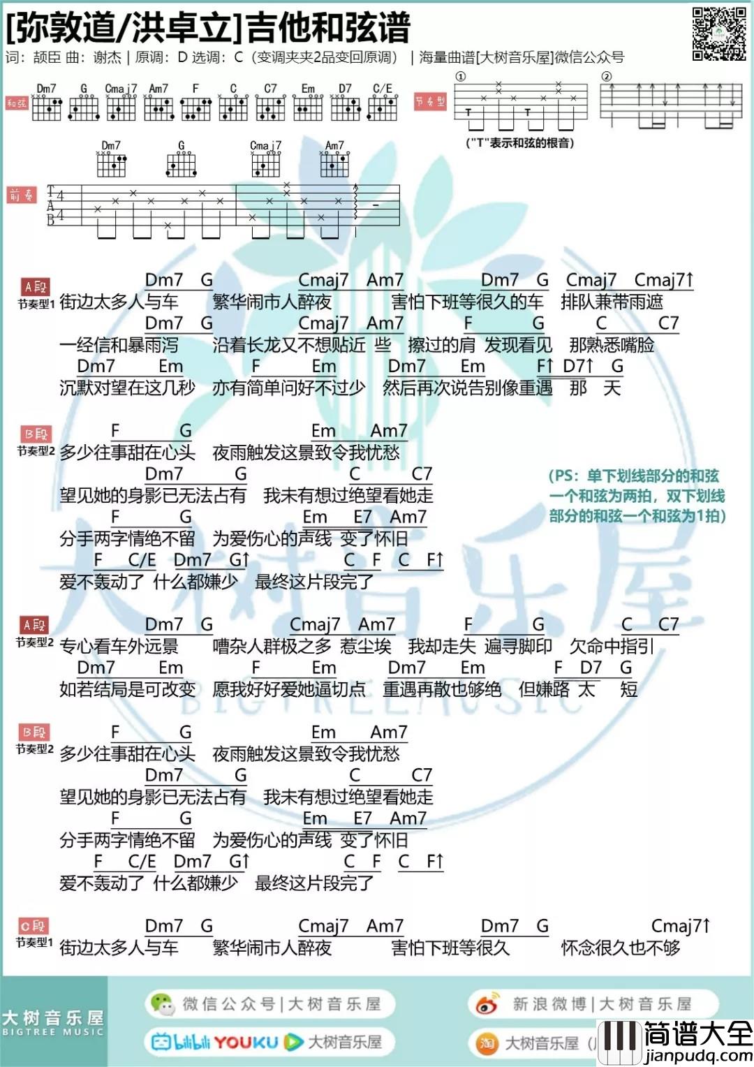 弥敦道吉他谱_C调和弦谱_大树音乐屋编配_洪卓立