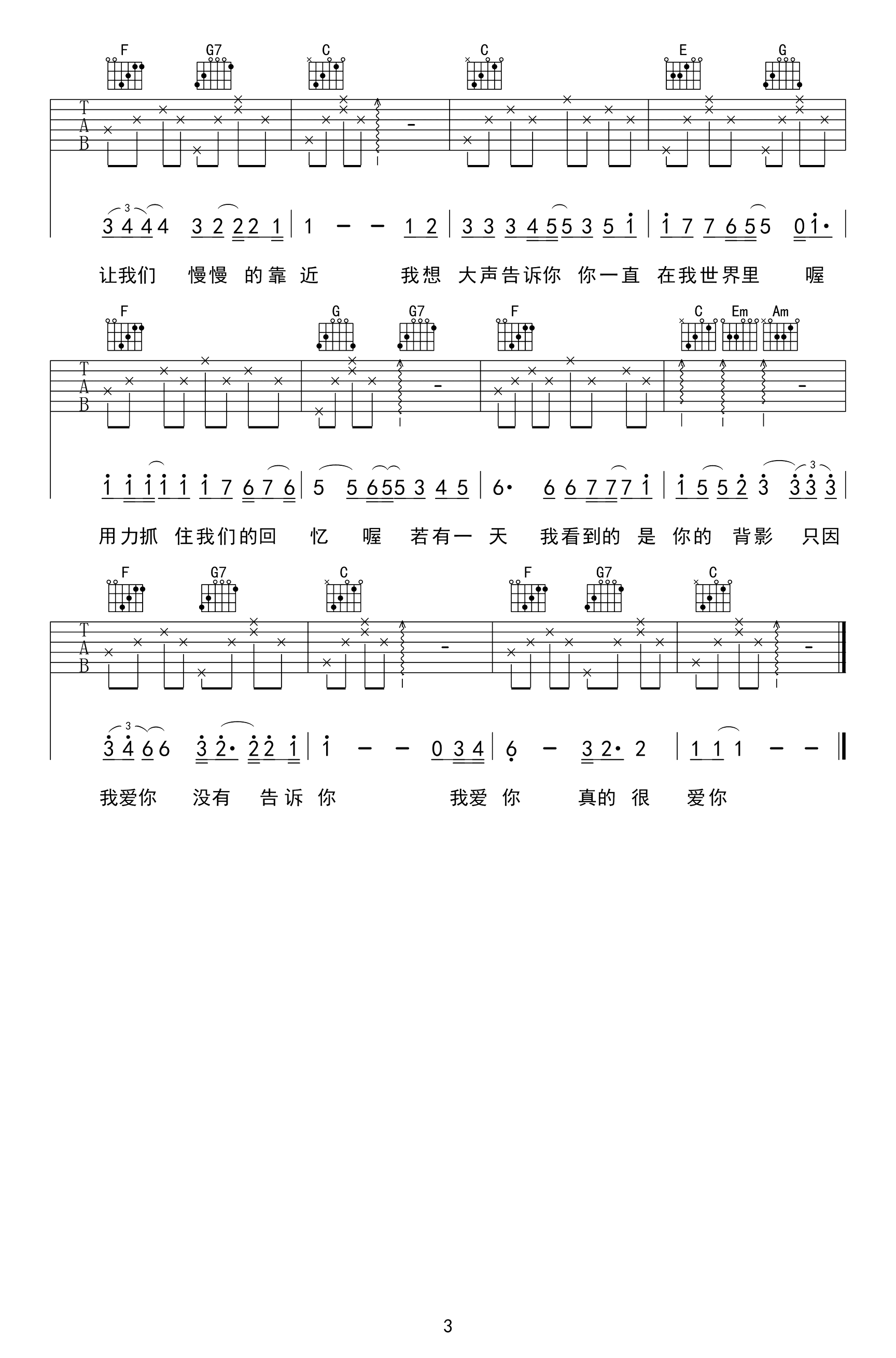 我想大声告诉你吉他谱_C调_樊凡_弹唱六线谱