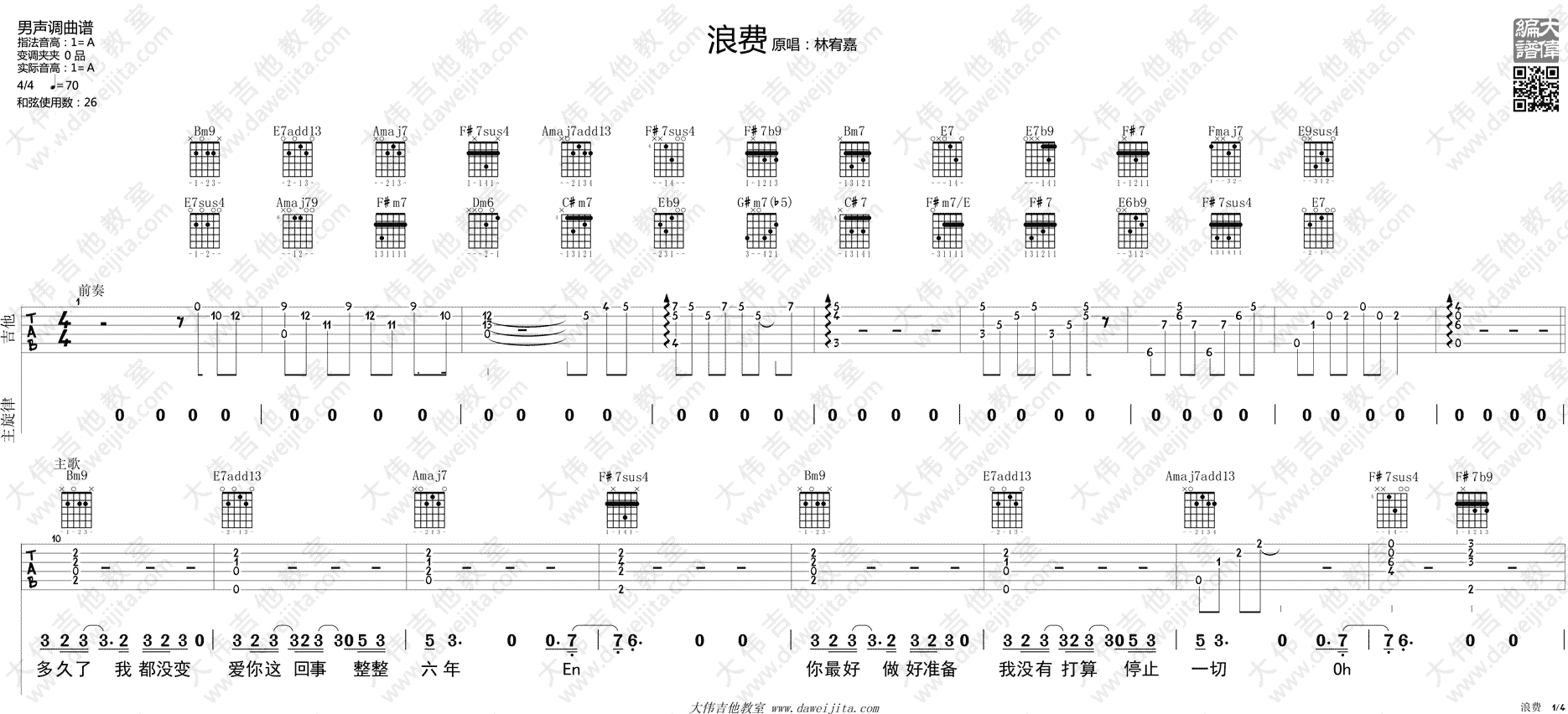 浪费(吉他谱)_林宥嘉_A调六线谱大伟吉他版_《浪费》吉他弹唱谱 浪费(吉他谱)_林宥嘉_A调六线谱大伟吉他版__浪费_吉他弹唱谱