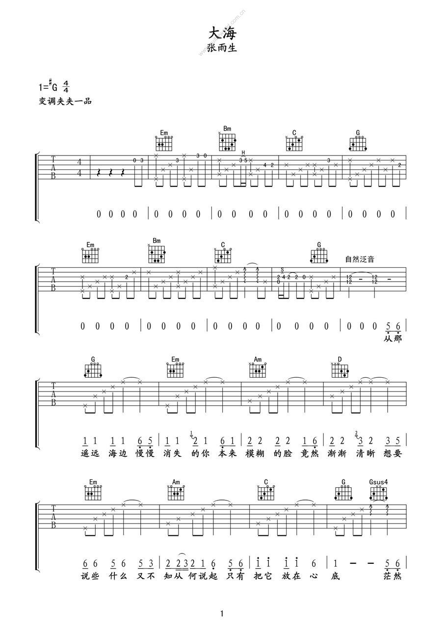 大海吉他谱_G调六线谱_高清版_张雨生