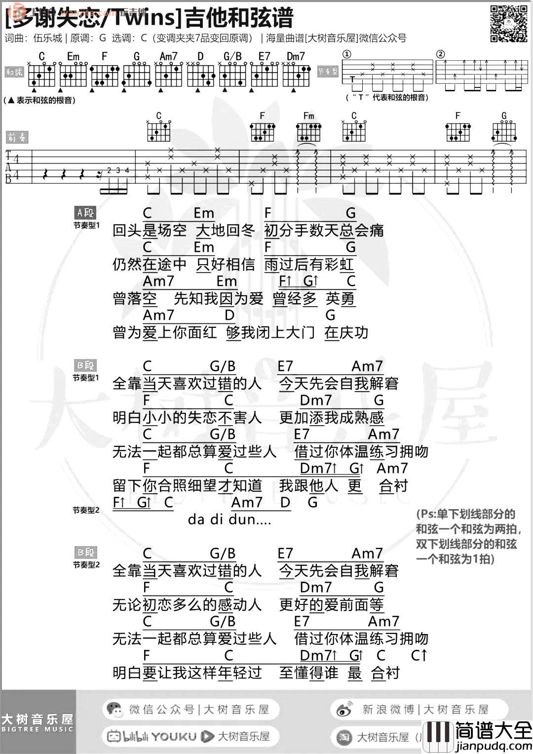 《多谢失恋》吉他谱_twins_C调弹唱和弦谱_图片谱 _多谢失恋_吉他谱_twins_C调弹唱和弦谱_图片谱