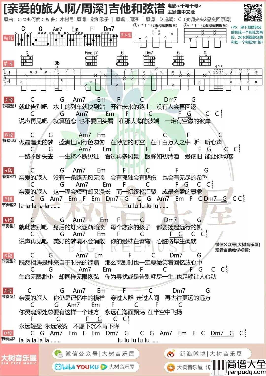 亲爱的旅人啊吉他谱_C调和弦谱_大树音乐屋编配_周深