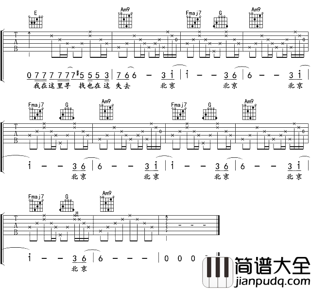 汪峰《北京北京》吉他谱_C调原版吉他谱 汪峰_北京北京_吉他谱_C调原版吉他谱