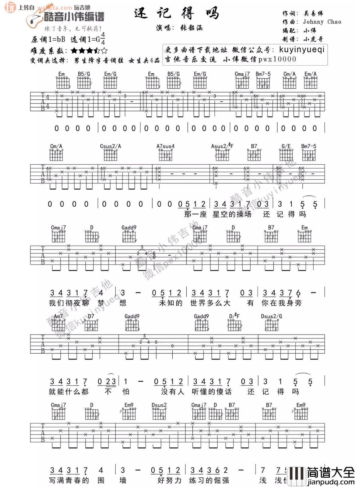 还记得吗吉他谱_张韶涵_G调六线谱_吉他弹唱谱 还记得吗吉他谱_张韶涵_G调六线谱_吉他弹唱谱