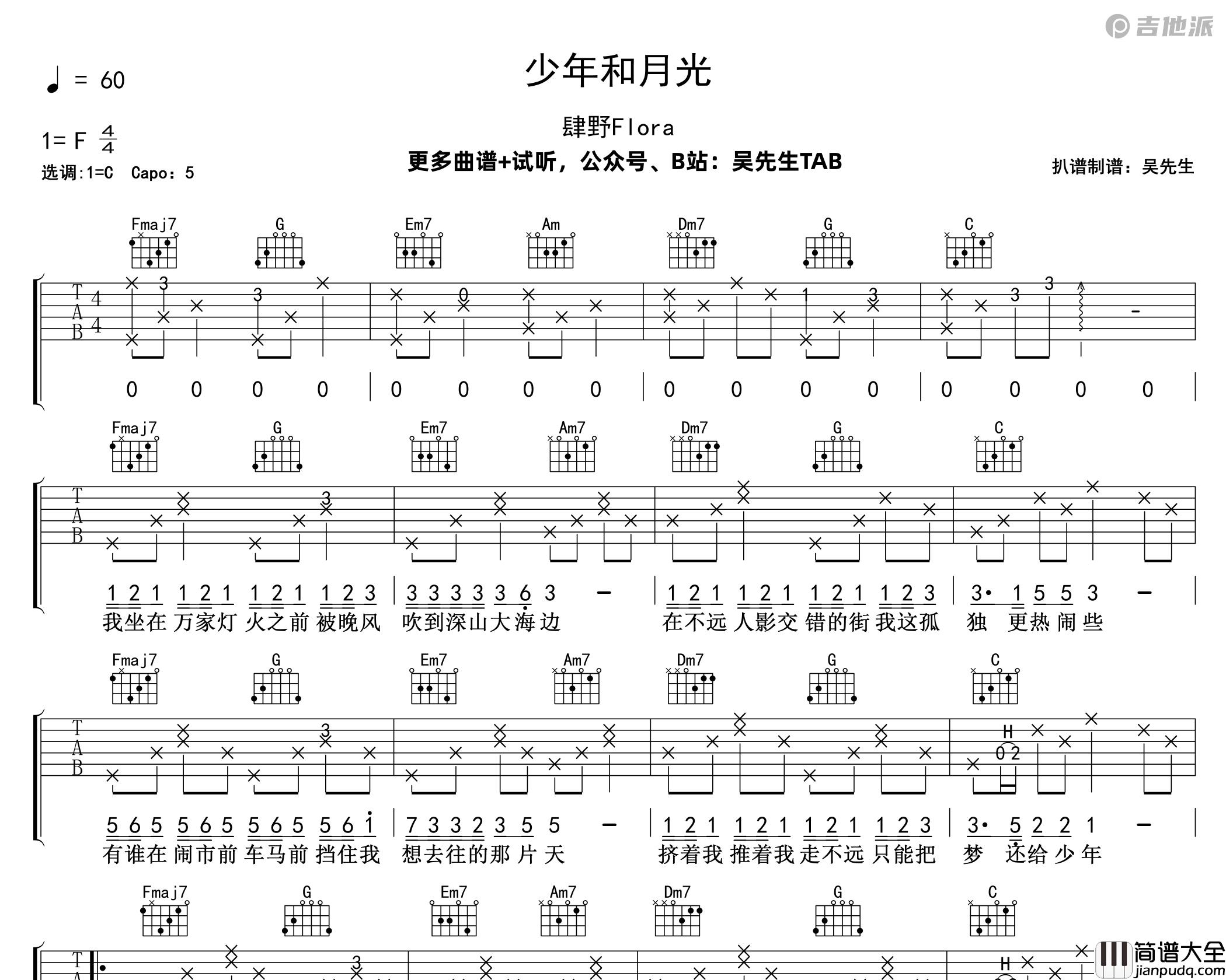 少年和月光吉他谱_肆野Flora_C调吉他谱附演示音频
