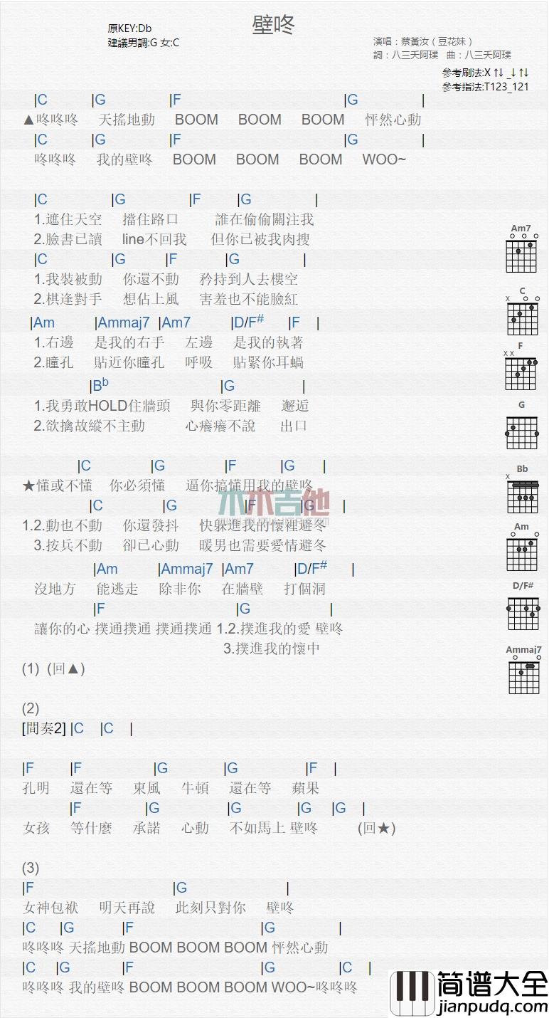 蔡黄汝_壁咚_吉他谱_Guitar_Music_Score