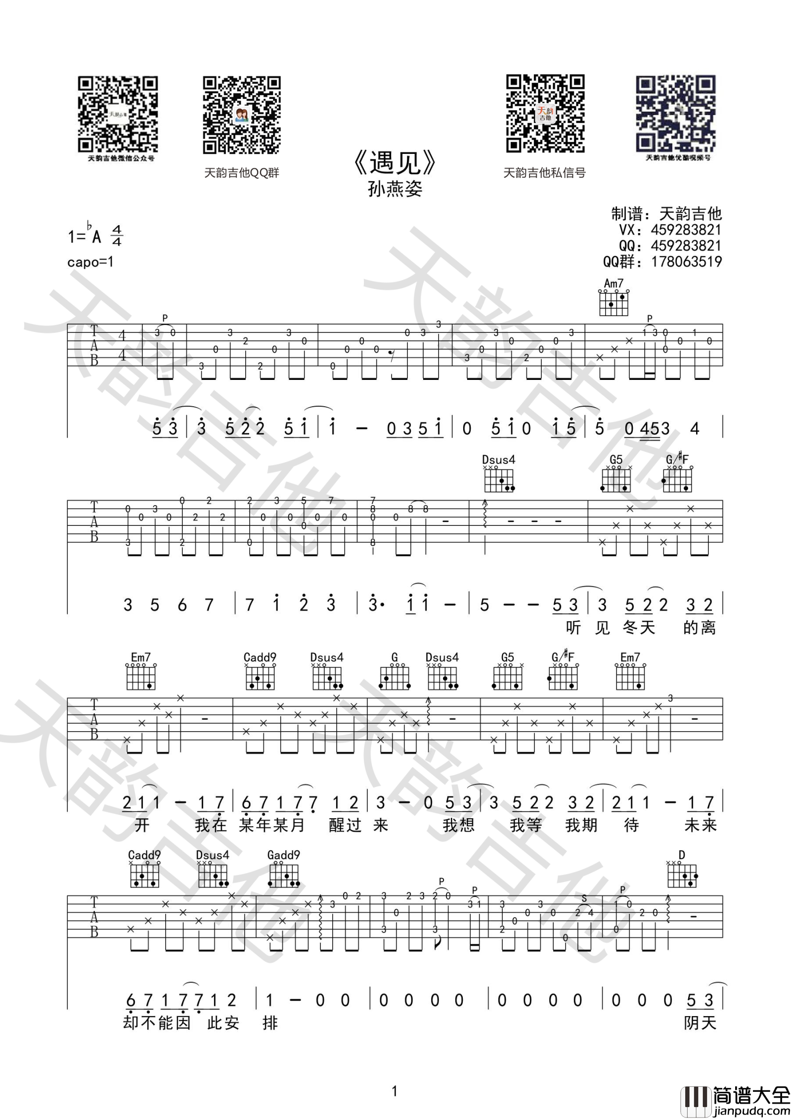 孙燕姿_遇见_吉他谱_简单版_弹唱谱