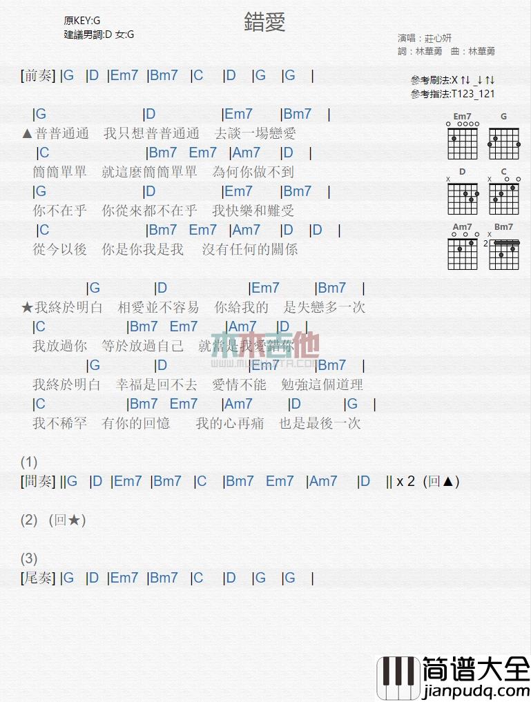 庄心妍_错爱_吉他谱_Guitar_Music_Score
