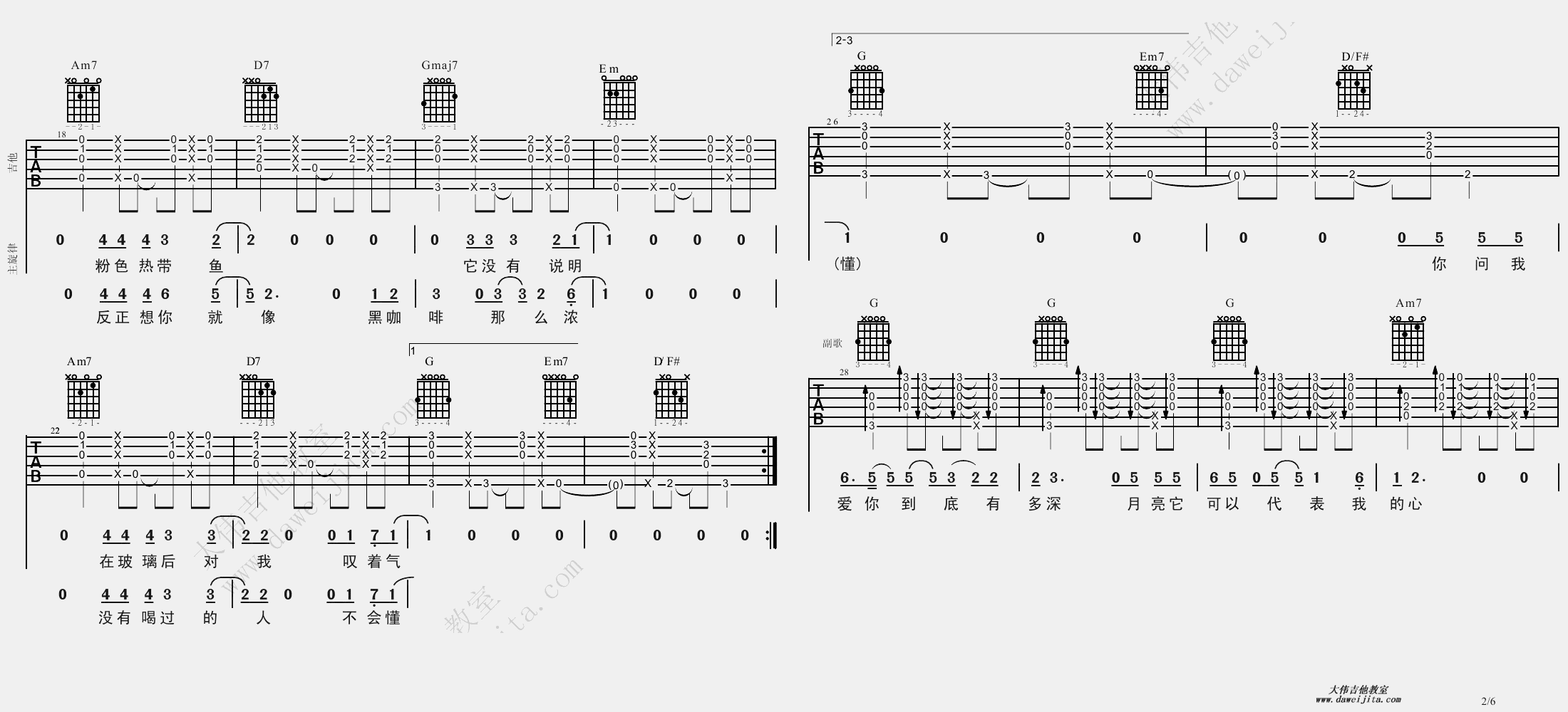 杨坤_月亮可以代表我的心_吉他谱(降A调)_Guitar_Music_Score