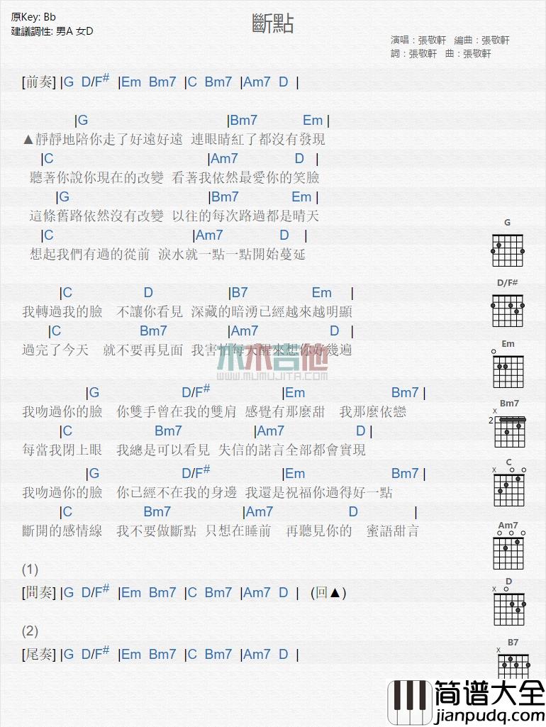 张敬轩_断点_吉他谱_Guitar_Music_Score