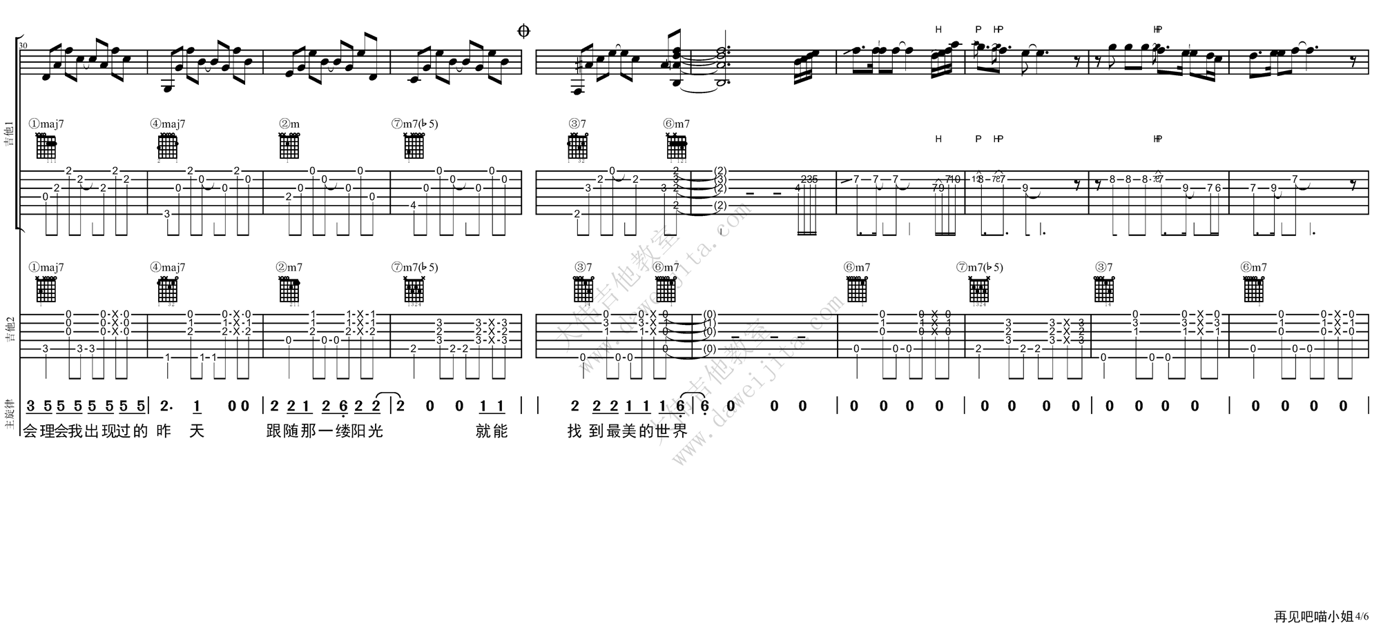 王晓天_再见吧_喵小姐_吉他谱(降E调)_Guitar_Music_Score