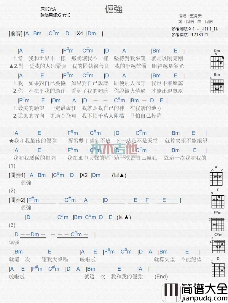 五月天_倔强_吉他谱_Guitar_Music_Score