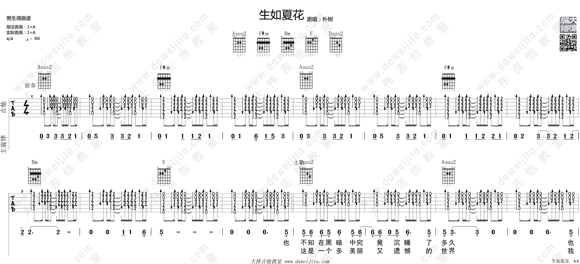 朴树_生如夏花_吉他谱(A调)_Guitar_Music_Score