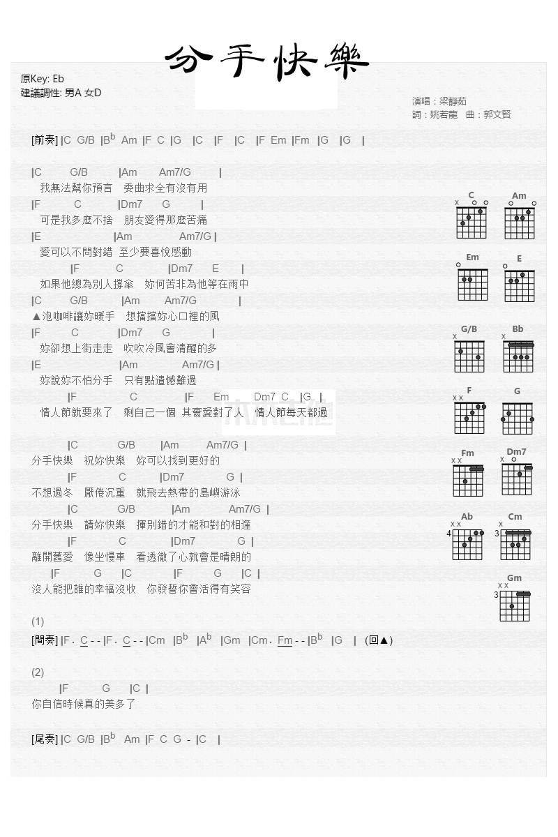 梁静茹_分手快乐_吉他谱_弹唱谱