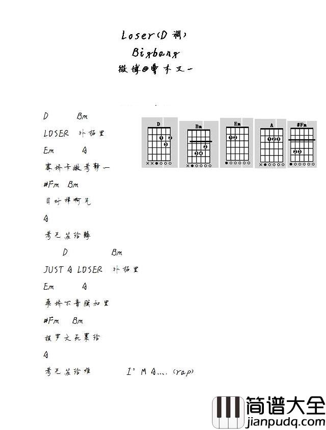 LOSER吉他谱_bigbang_loser吉他六线谱_配音译歌词