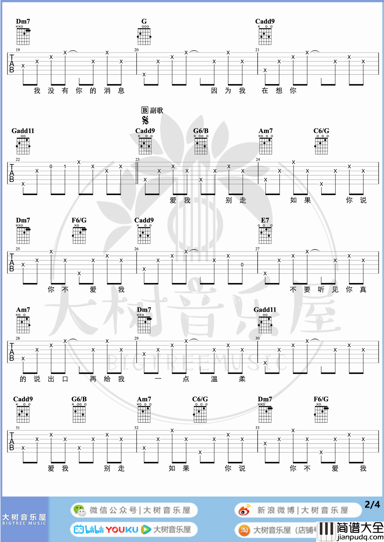 爱我别走吉他谱_张震岳_C调原调版吉他谱带间奏版