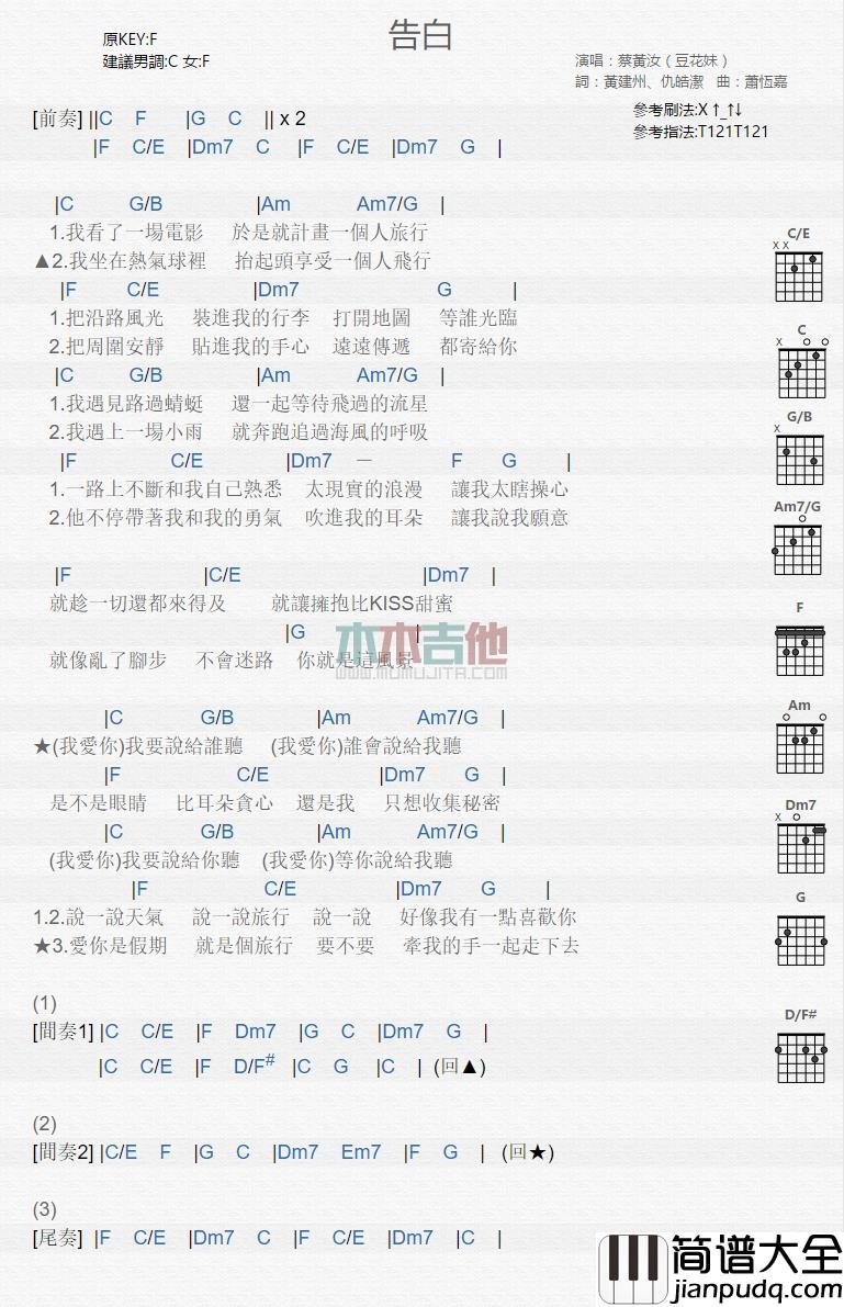 蔡黄汝_告白_吉他谱_Guitar_Music_Score