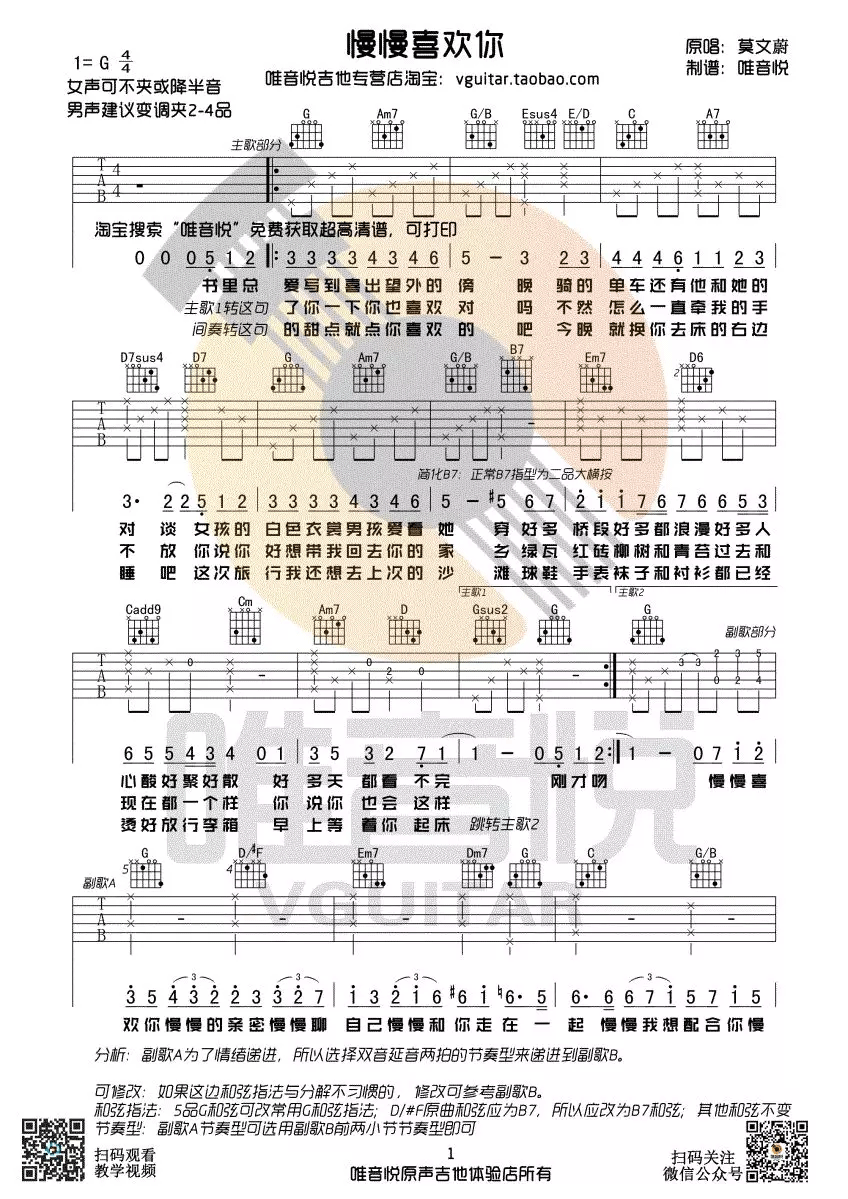 慢慢喜欢你吉他谱_莫文蔚_G调简单版