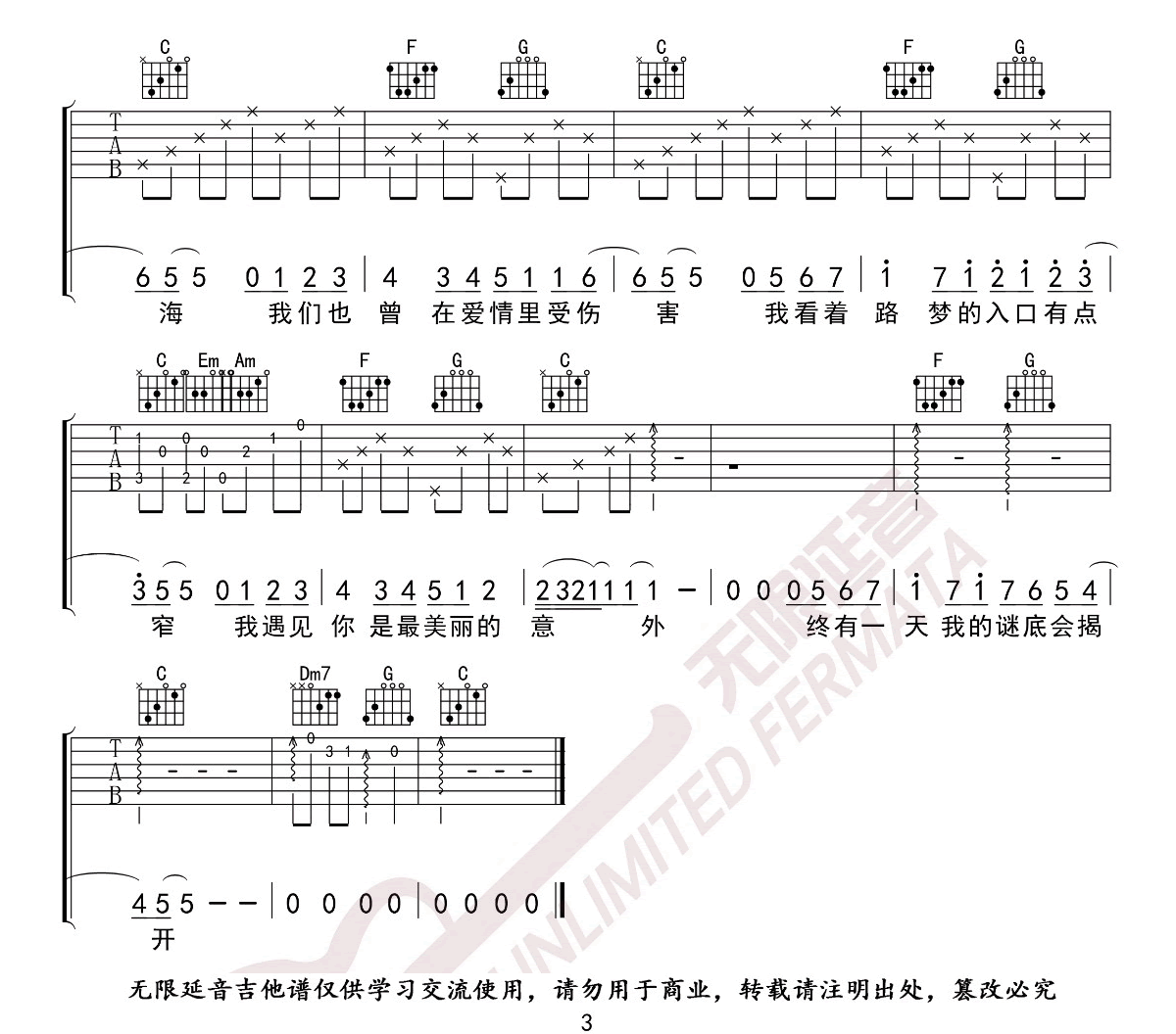 遇见吉他谱_孙燕姿__遇见_C调男生版弹唱六线谱_高清图片谱