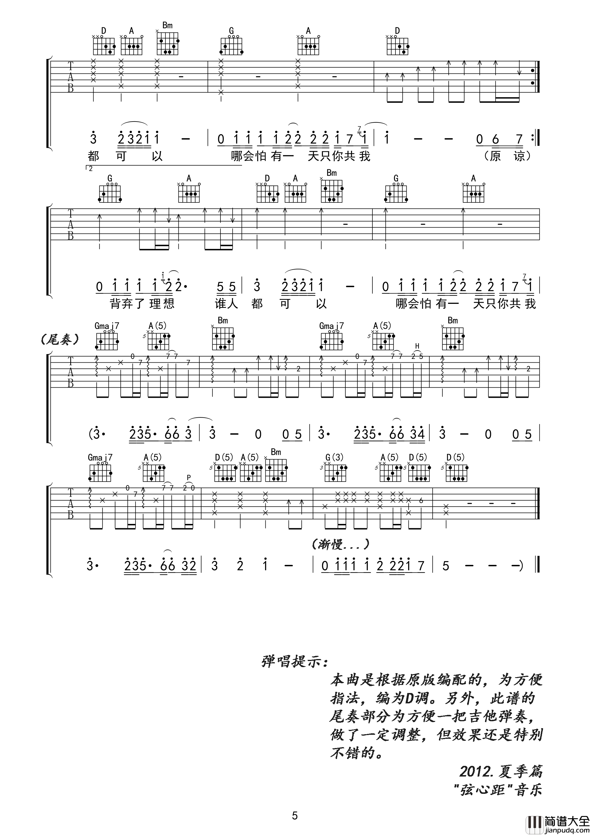 海阔天空吉他谱_Beyond_单吉他版吉他谱_弹唱六线谱