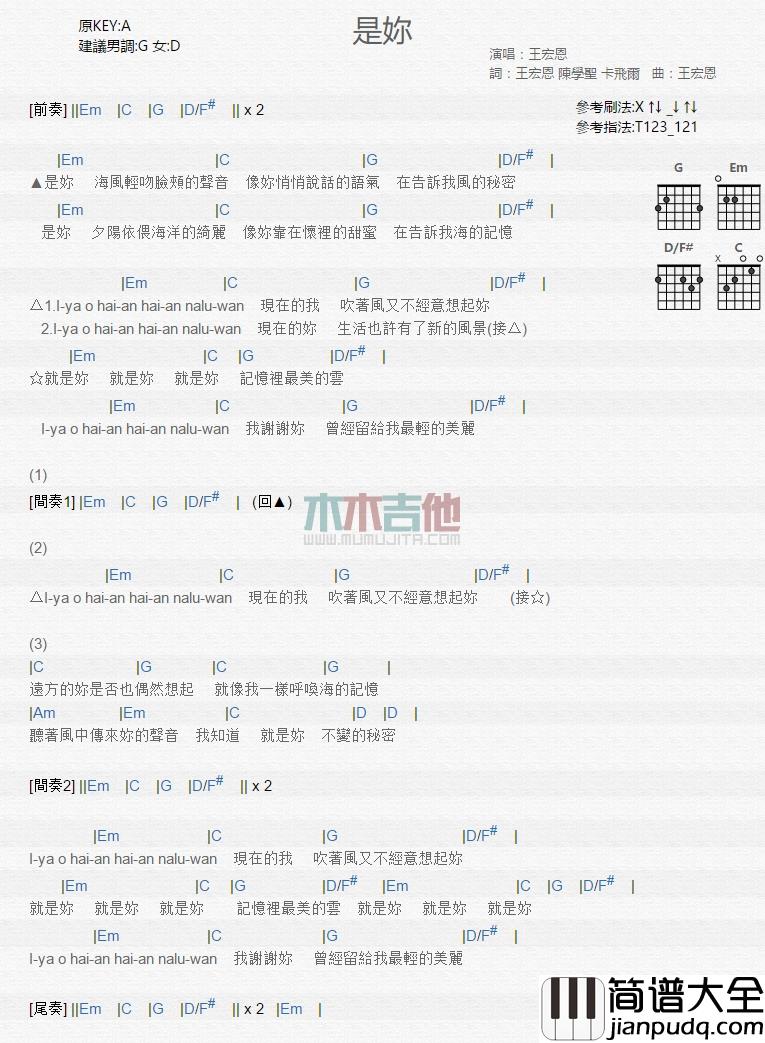 王宏恩_是你_吉他谱_Guitar_Music_Score