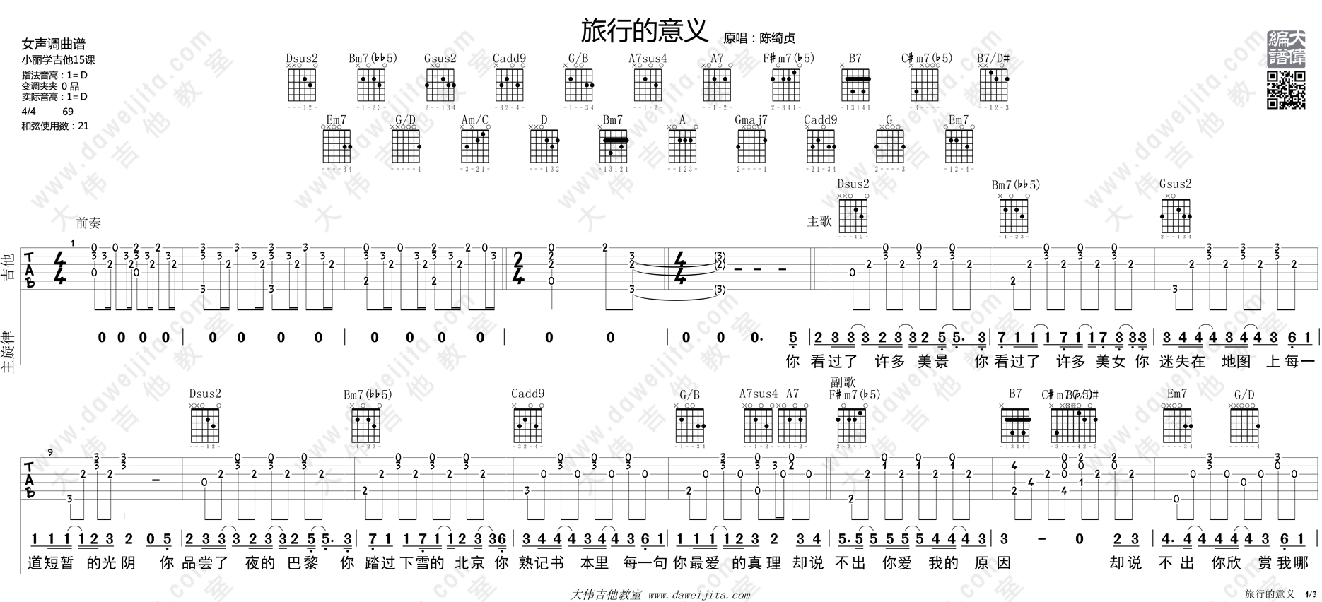 陈绮贞_旅行的意义_吉他谱(D调)_Guitar_Music_Score