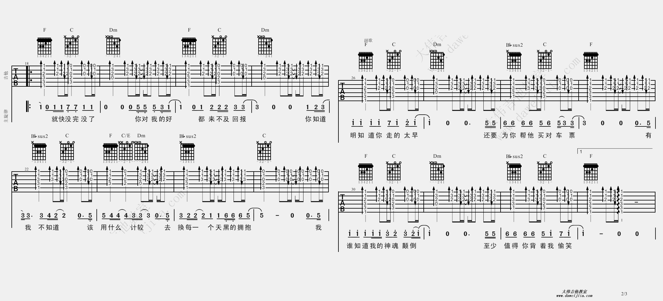 刘允乐_太早_吉他谱(升F调)_Guitar_Music_Score
