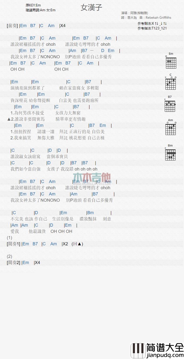阿雅_女汉子_吉他谱_Guitar_Music_Score