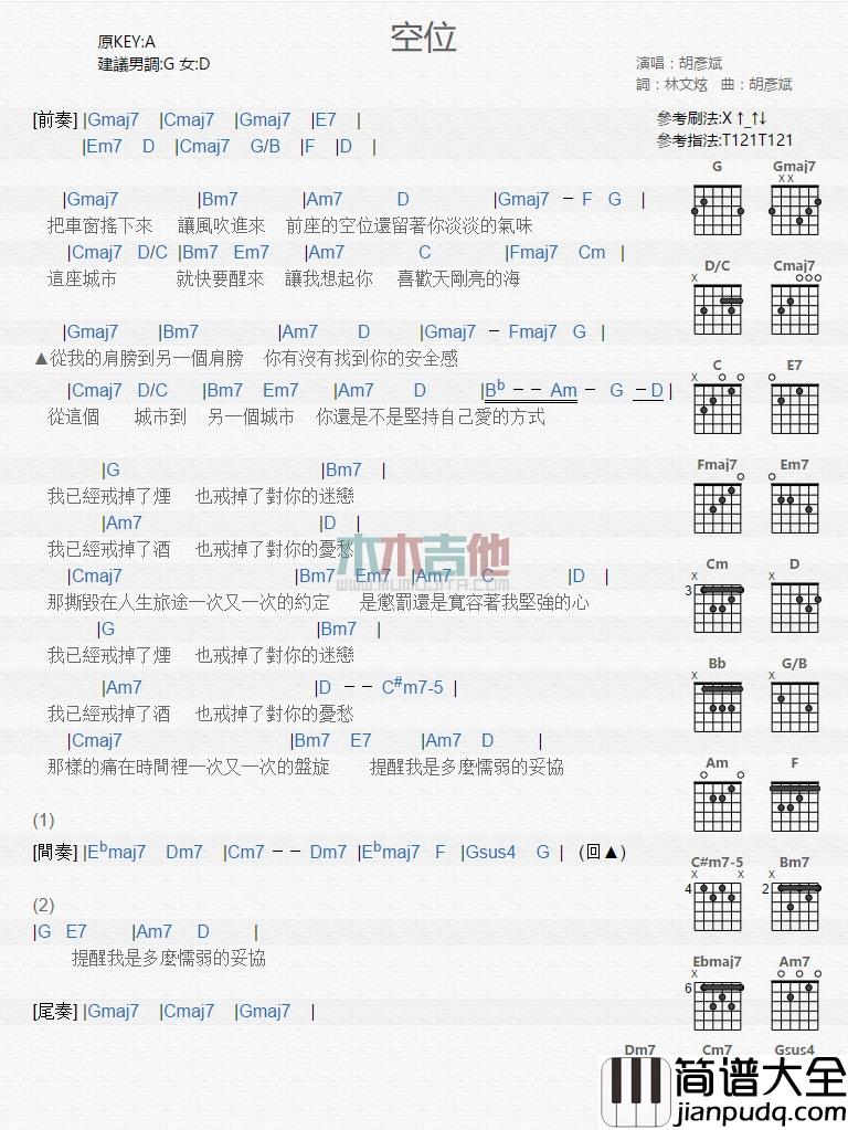 胡彦斌_空位_吉他谱_Guitar_Music_Score