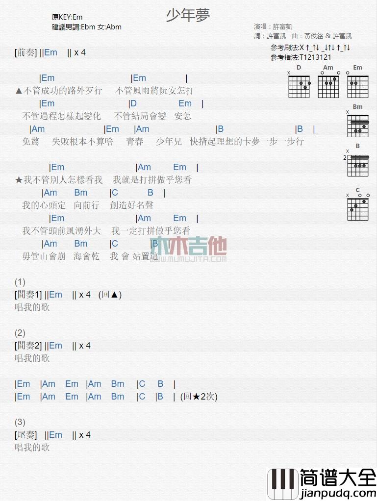 许富凯_少年梦_吉他谱_Guitar_Music_Score
