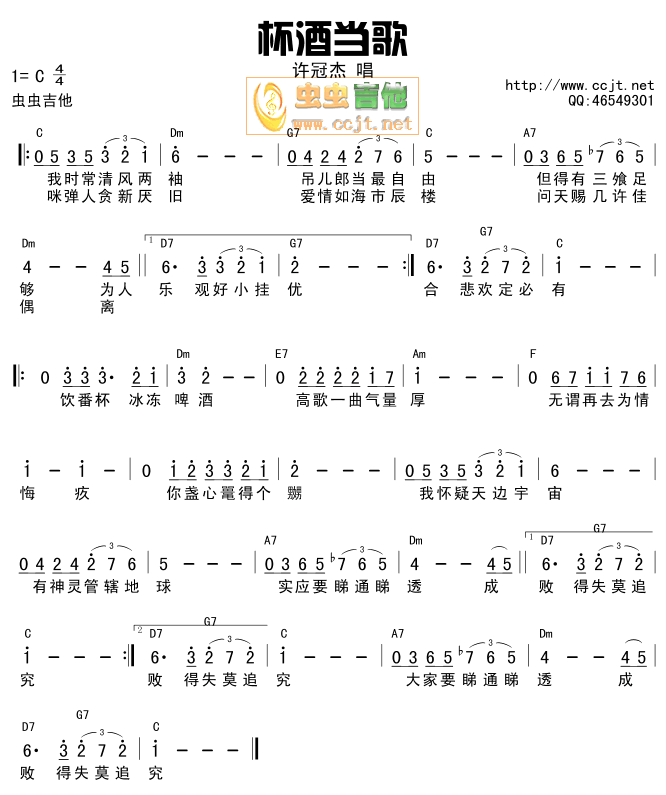 杯酒当歌|吉他谱|图片谱|高清|许冠杰
