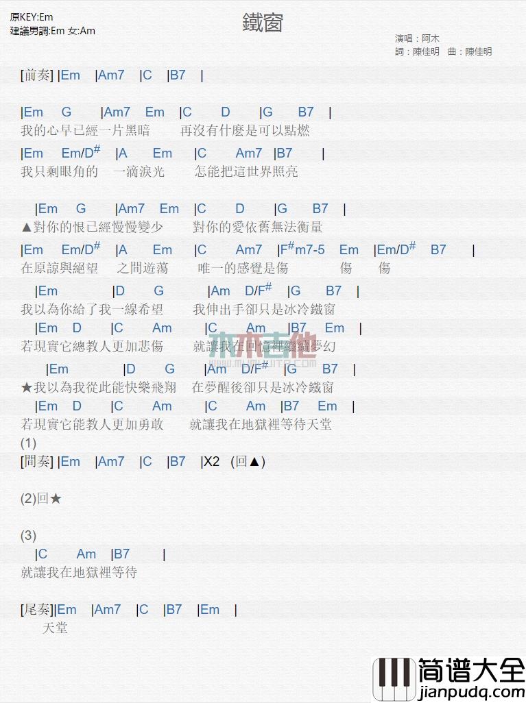 阿木_铁窗_吉他谱_Guitar_Music_Score