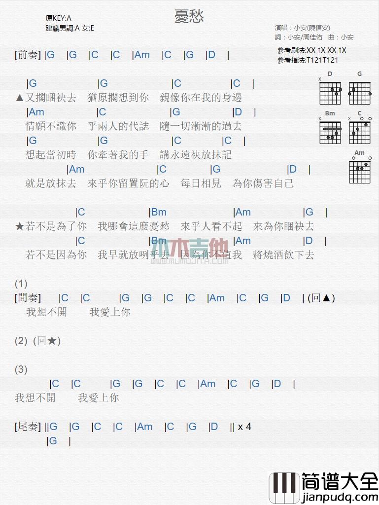 小安_忧愁_吉他谱_Guitar_Music_Score