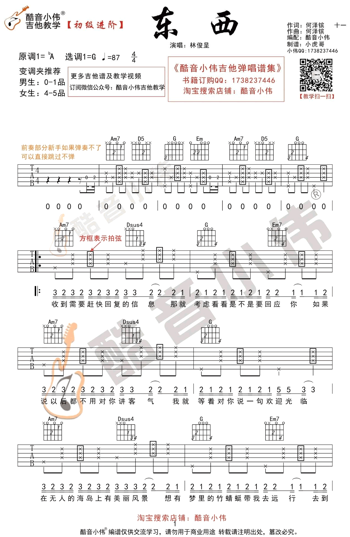 东西吉他谱_林俊呈_G调初级进阶版_吉他教学视频