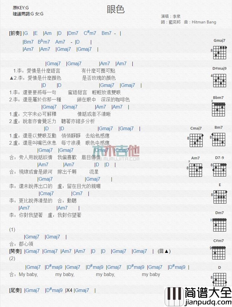 李泉,卢巧音_眼色_吉他谱_Guitar_Music_Score
