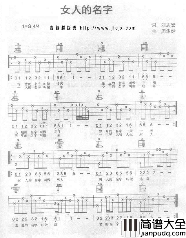 女人的名字|吉他谱|图片谱|高清|周华健