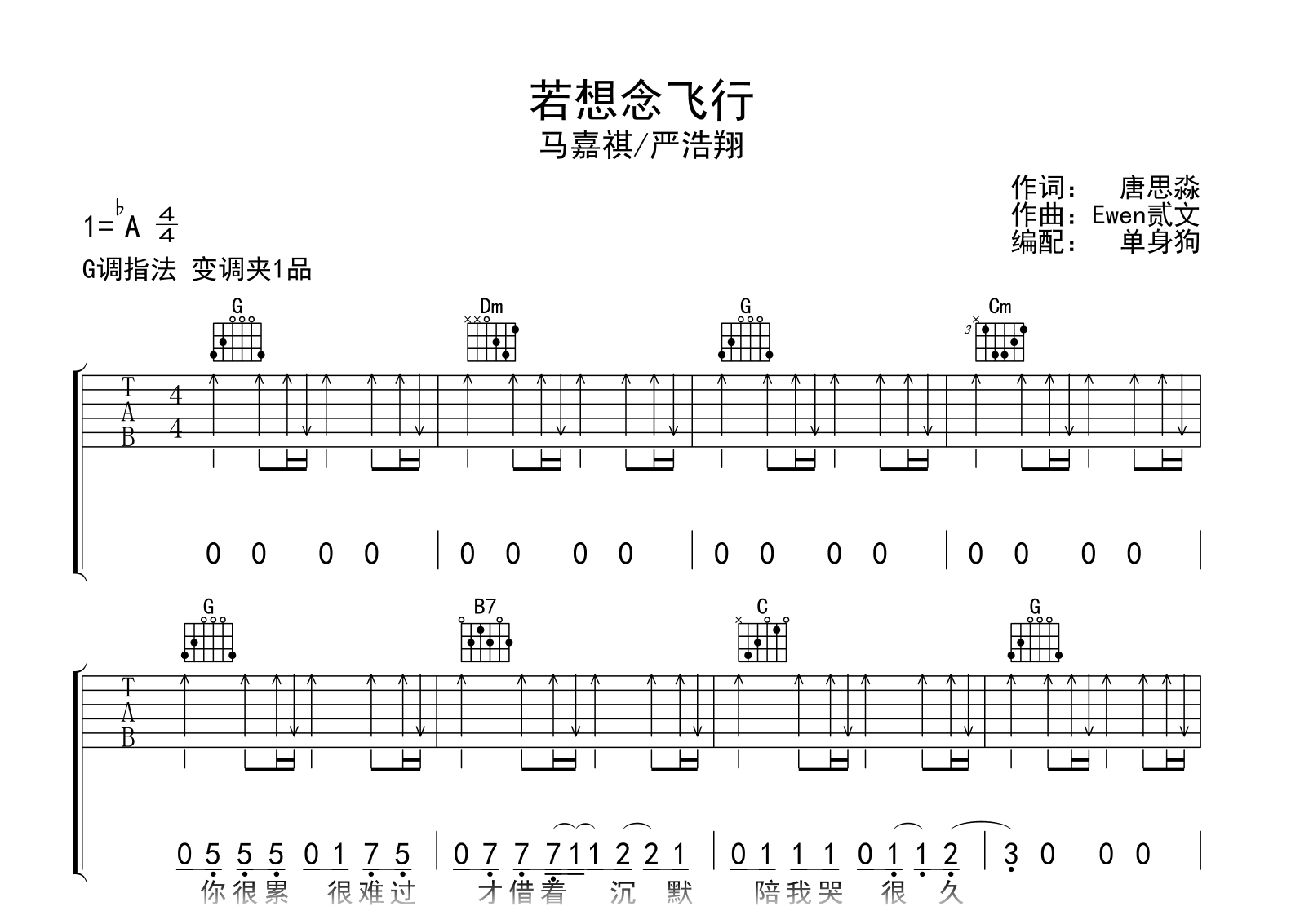 若想念飞行吉他谱_马嘉祺/严浩翔_G调弹唱六线谱