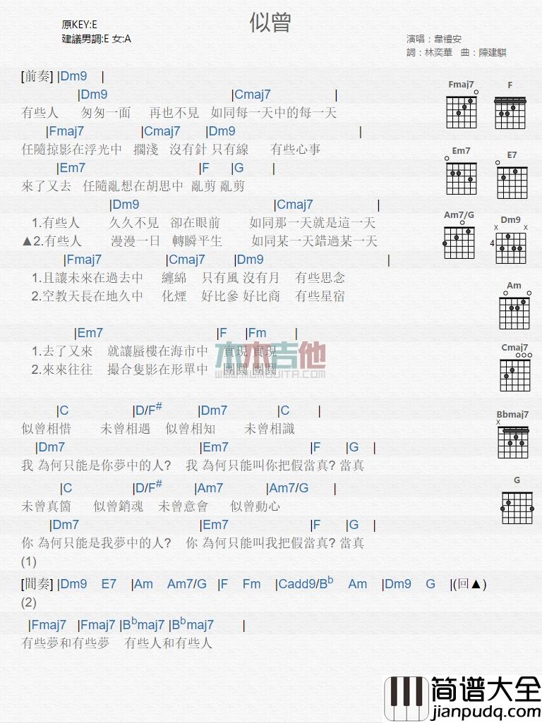 韦礼安_似曾_吉他谱_Guitar_Music_Score