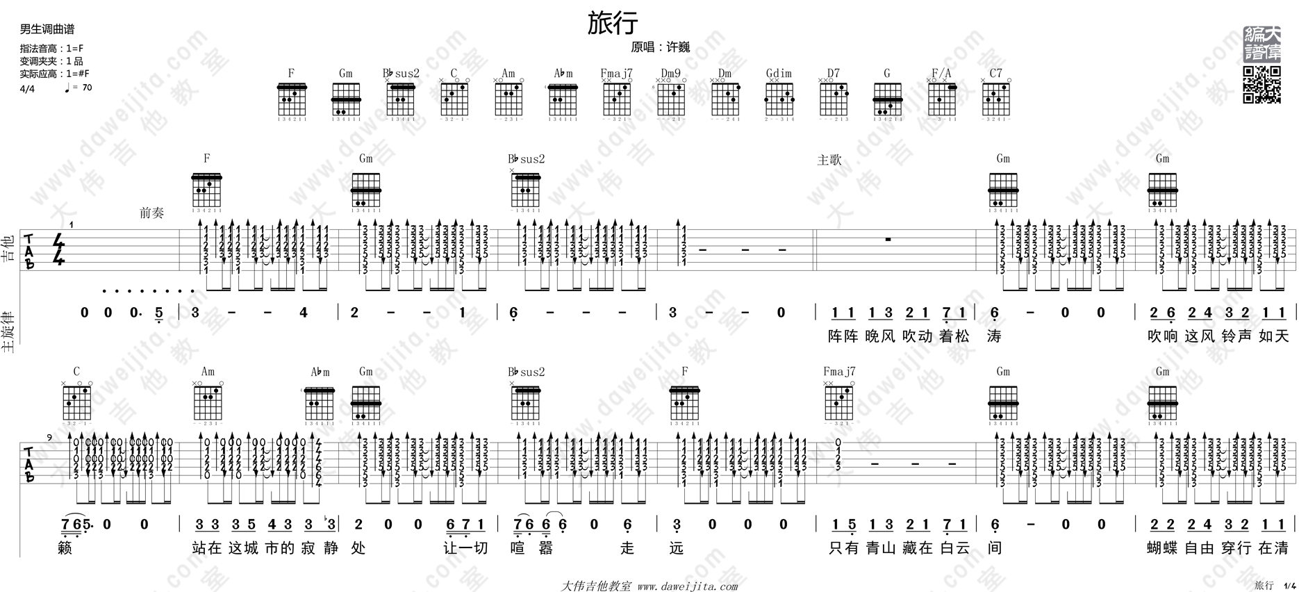 许巍_旅行_吉他谱(F调)_Guitar_Music_Score