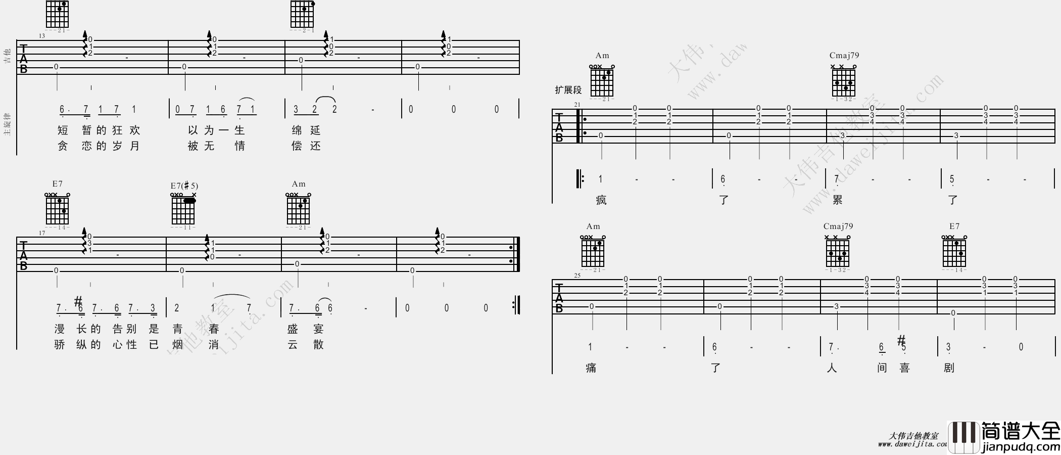 王菲_致青春_吉他谱(降E调)_Guitar_Music_Score